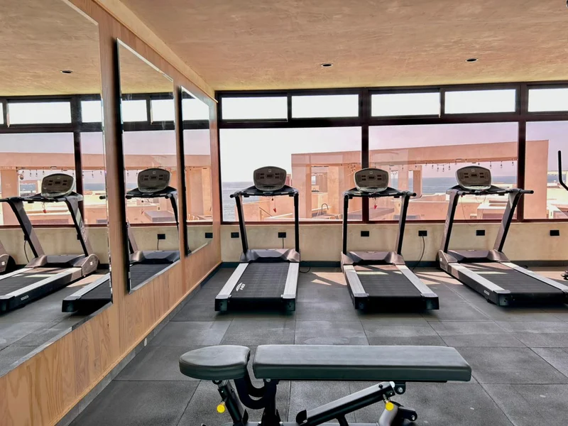 Gimnasio con vista al mar Hilera de cuatro caminadoras en el gimnasio de Aldea Ananta, frente al ventanal con el mar, con el muro espejo a la izquierda.