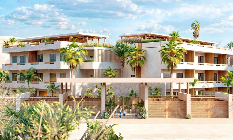 Render of the building facade seen from the gardens, framed by palm trees