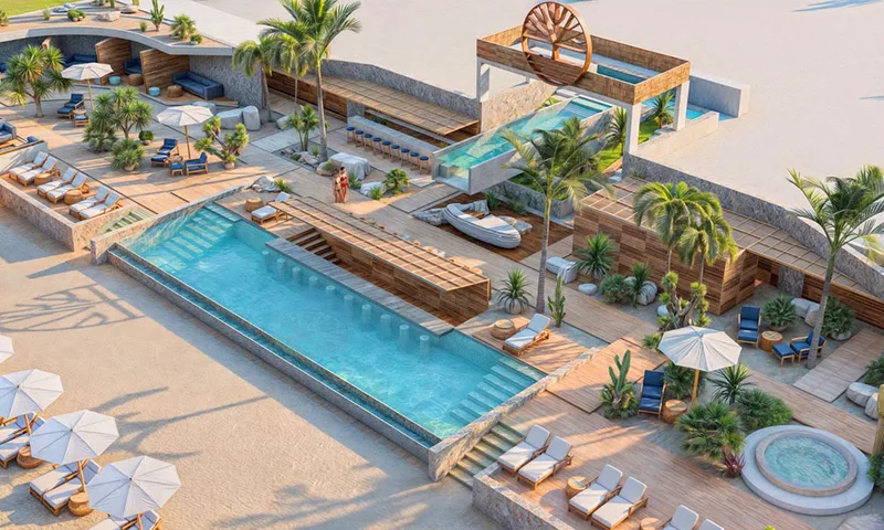 Render of the private beach club, with pools, loungers and sun umbrellas