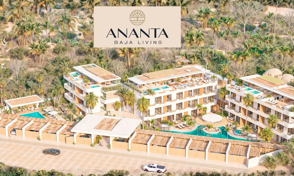 Aerial render of the Ananta Baja Living condominiums arranged around their pools