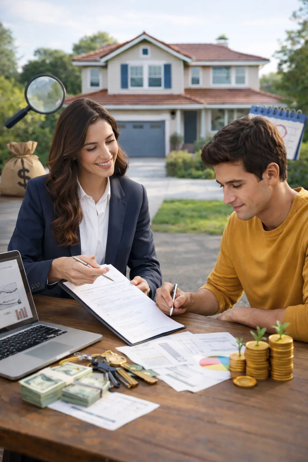 Broker inmobiliario asesorando a un cliente sobre cómo funciona un crédito hipotecario para comprar su primera propiedad.
