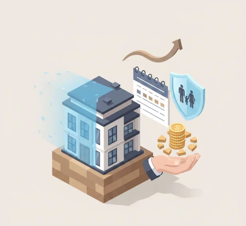 Ilustracion de un edificio rodeado de monedas, personas y un escudo de proteccion