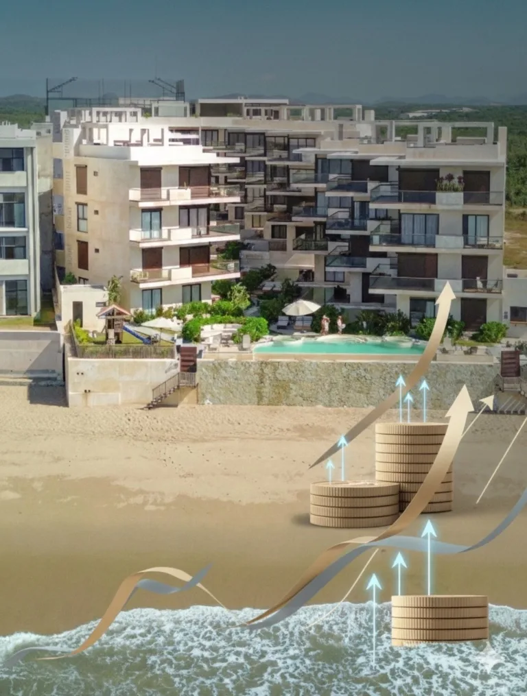 Ilustracion de un edificio frente al mar con una escalera formada por monedas