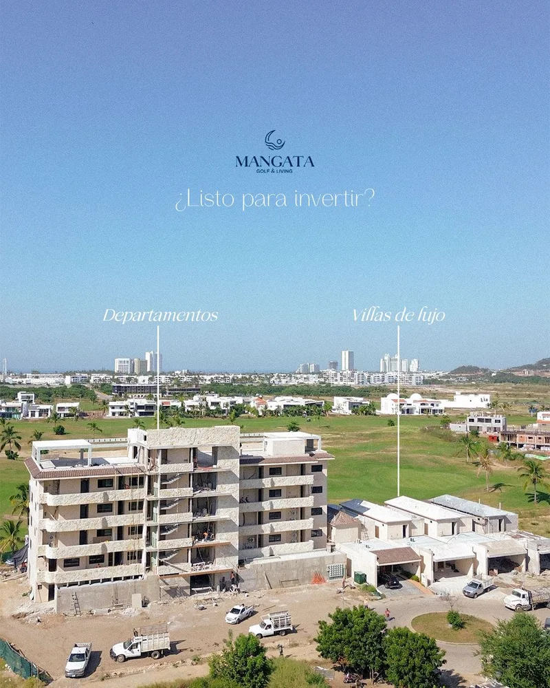 Vista aerea de Mangata en obra junto al campo de golf, con el rotulo «Listo para invertir»