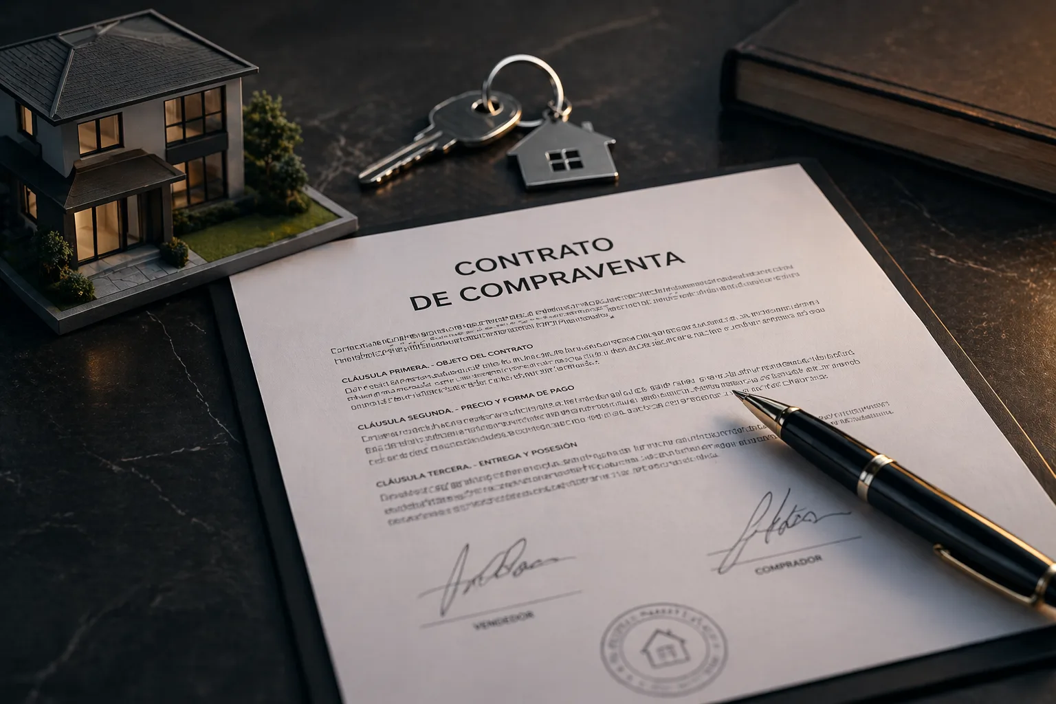 Contrato de compraventa firmado, con una pluma, un juego de llaves y una maqueta de casa