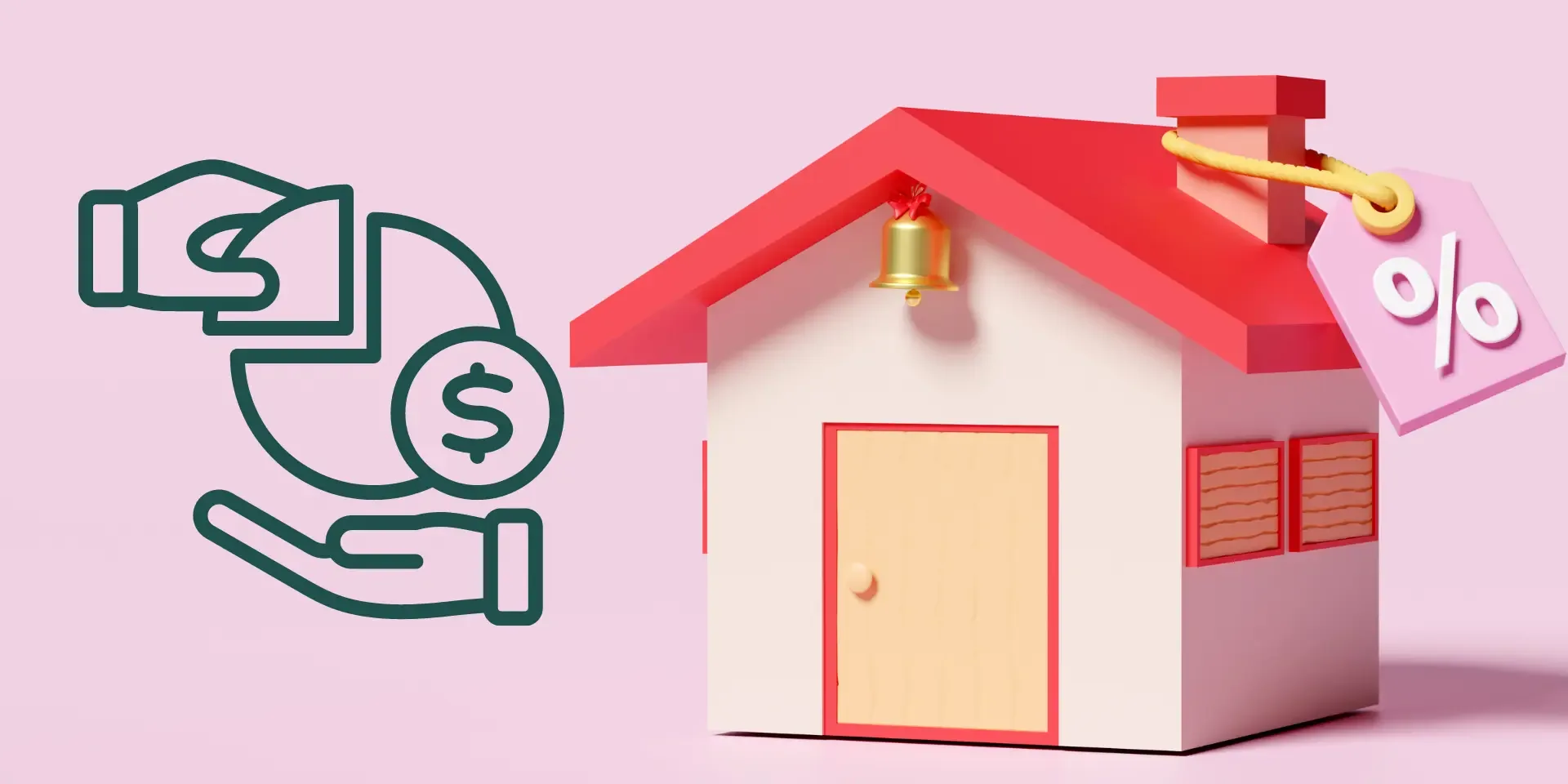 Ilustracion de una mano ofreciendo una moneda junto a una casa con etiqueta de porcentaje