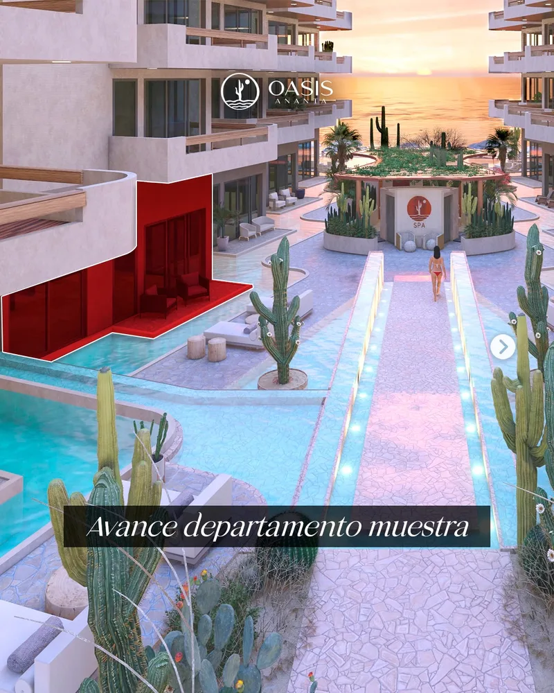 Render del corredor central del desarrollo, con albercas y cactus al atardecer
