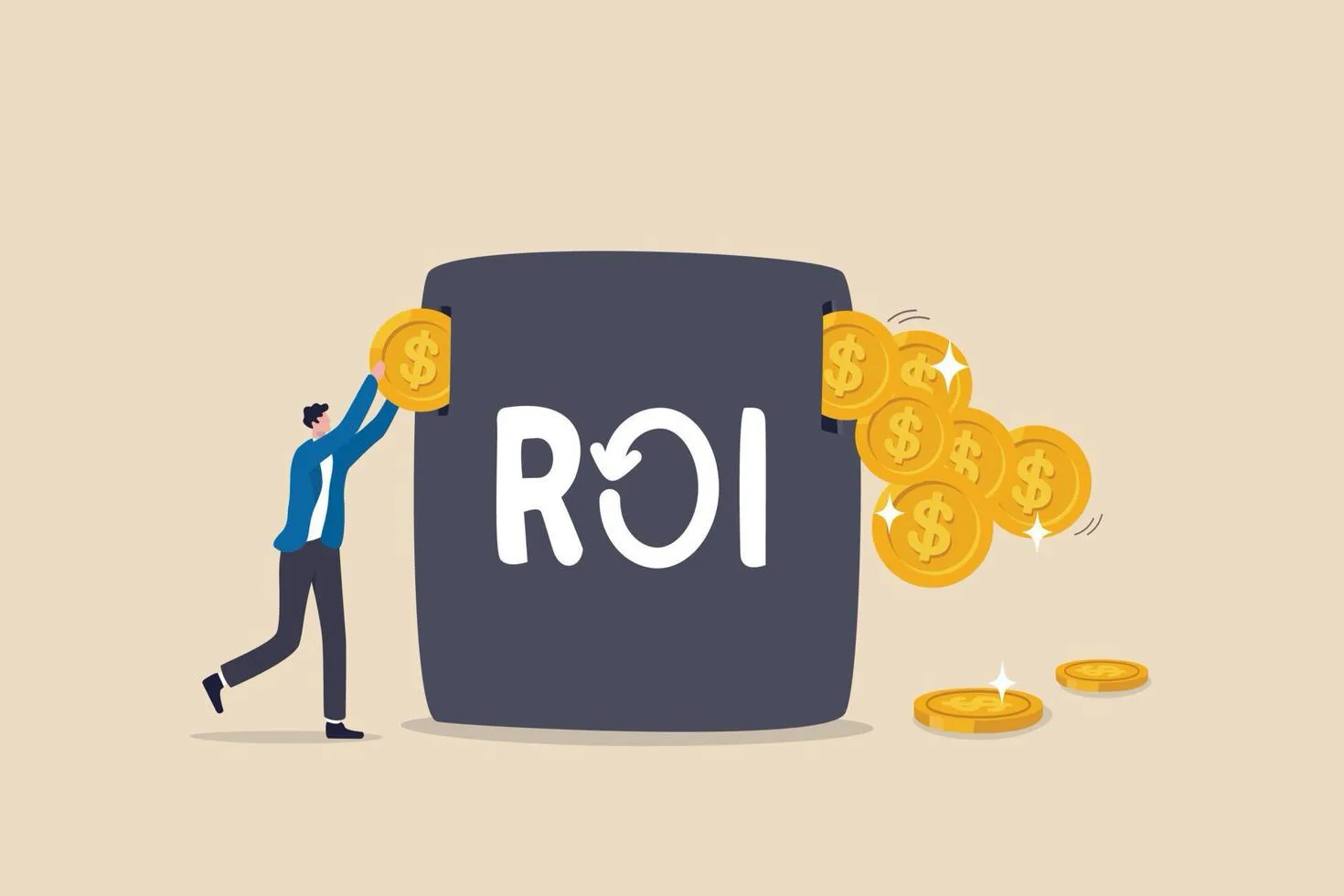 Ilustracion de una persona empujando un bloque con las siglas ROI, rodeado de monedas