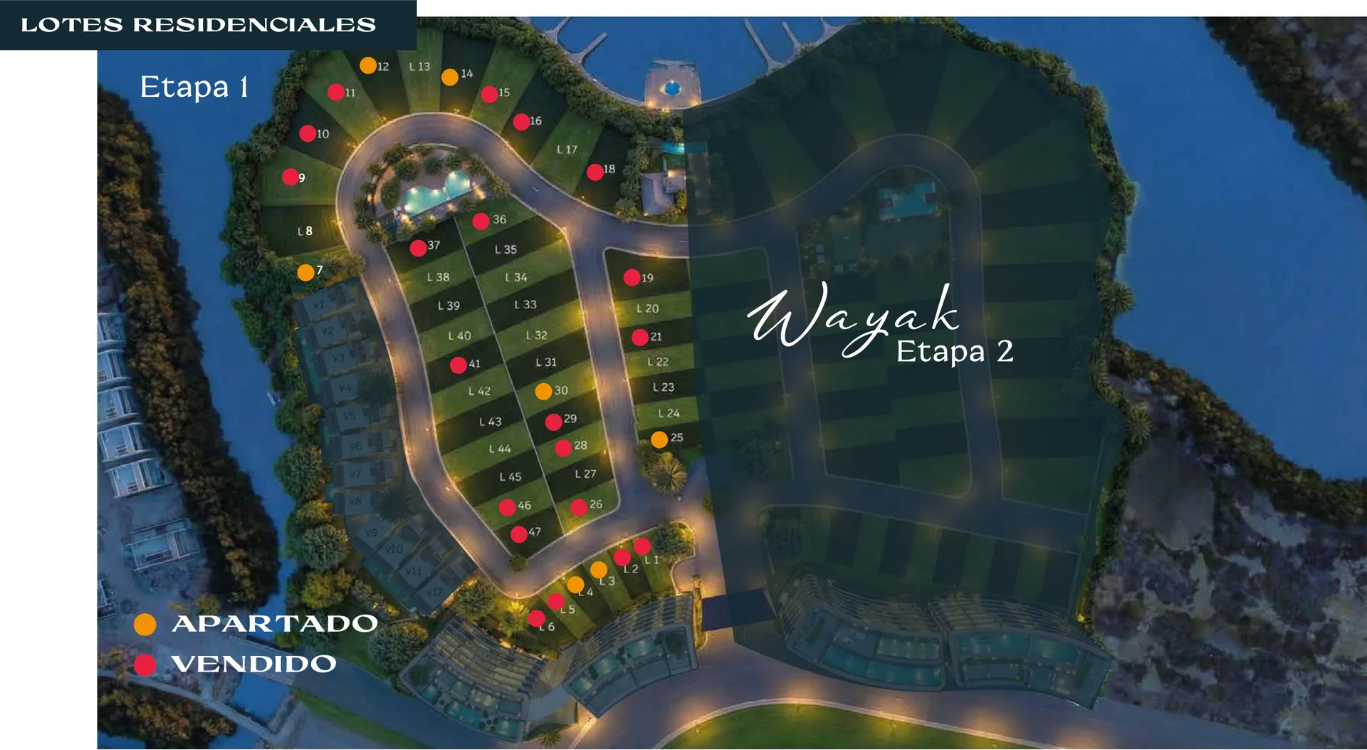 Plano maestro de los lotes residenciales de Wayak, con sus etapas y las unidades apartadas y vendidas