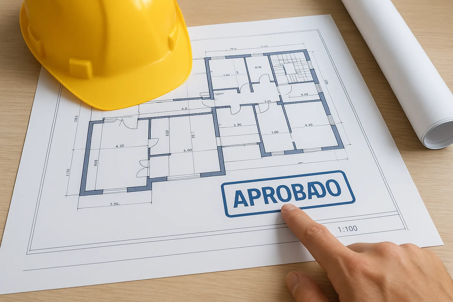 Plano arquitectonico con un casco de obra y un sello de «Aprobado»