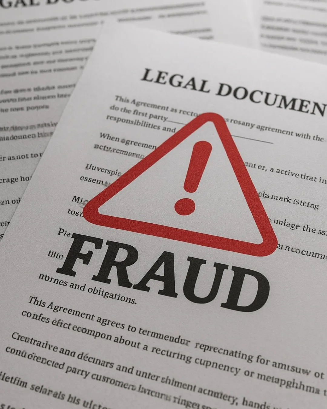 Documentos legales con una senal de advertencia y la palabra «Fraud» sobrepuesta