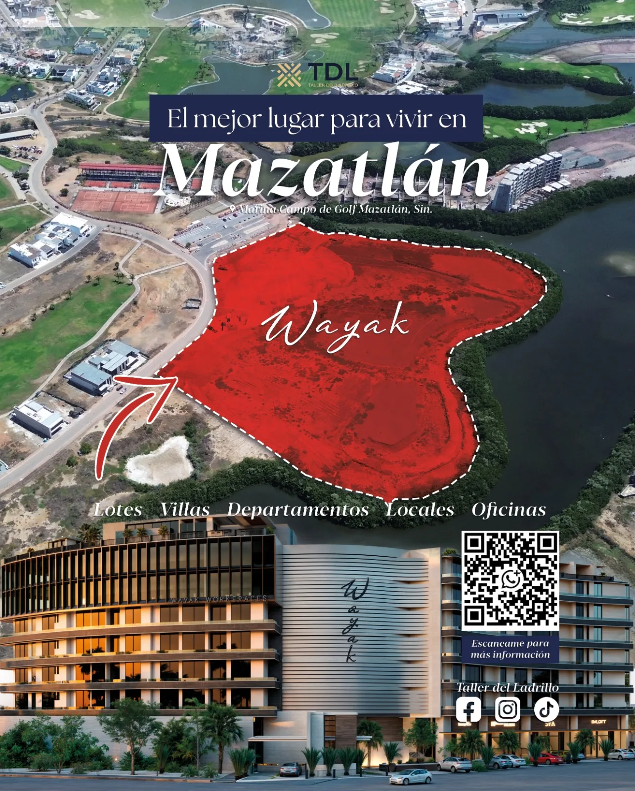Anuncio de Wayak sobre una vista aerea de Marina Mazatlan, con el poligono del proyecto marcado en rojo