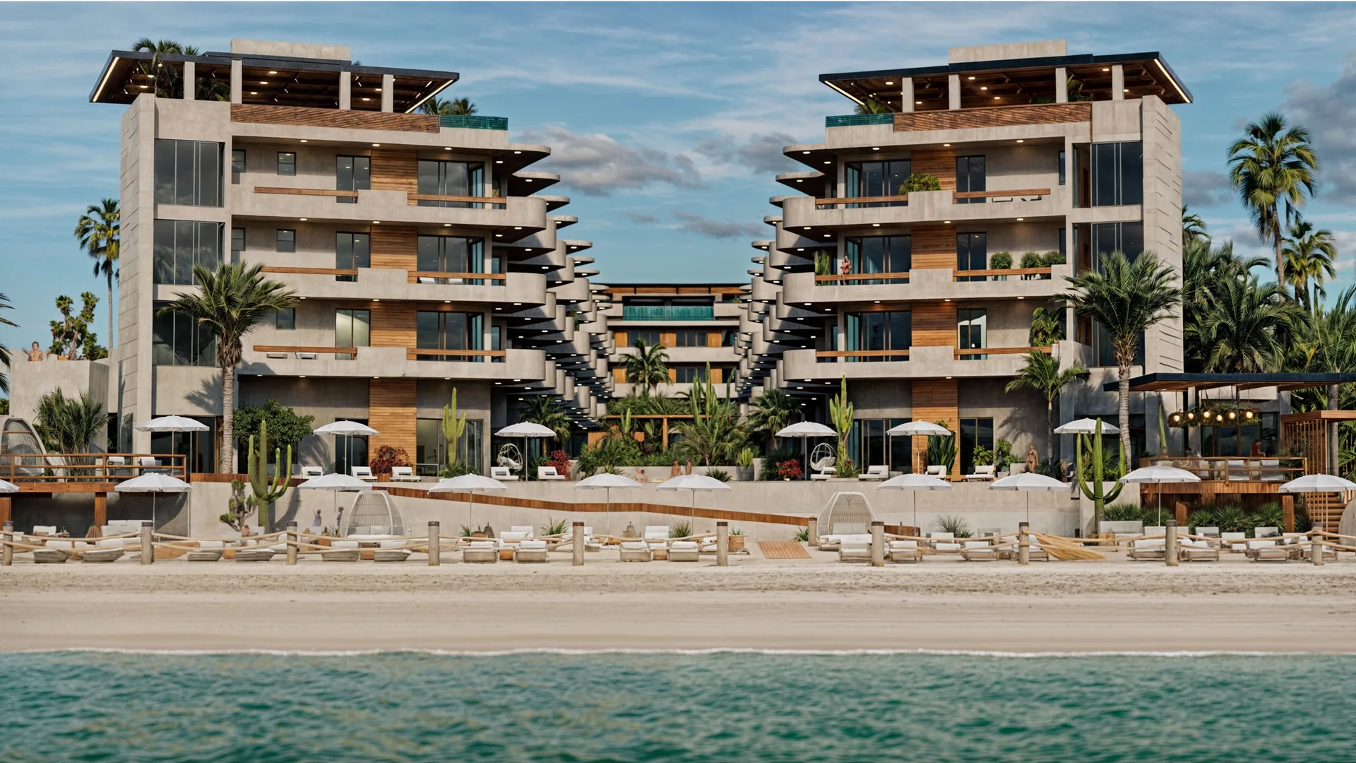 Render de la fachada posterior del desarrollo, frente a la playa