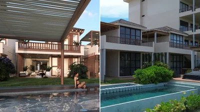 Villas de Mangata Golf & Living en Marina Mazatlán en dos estados: a la izquierda, el render de preventa; a la derecha, las villas terminadas