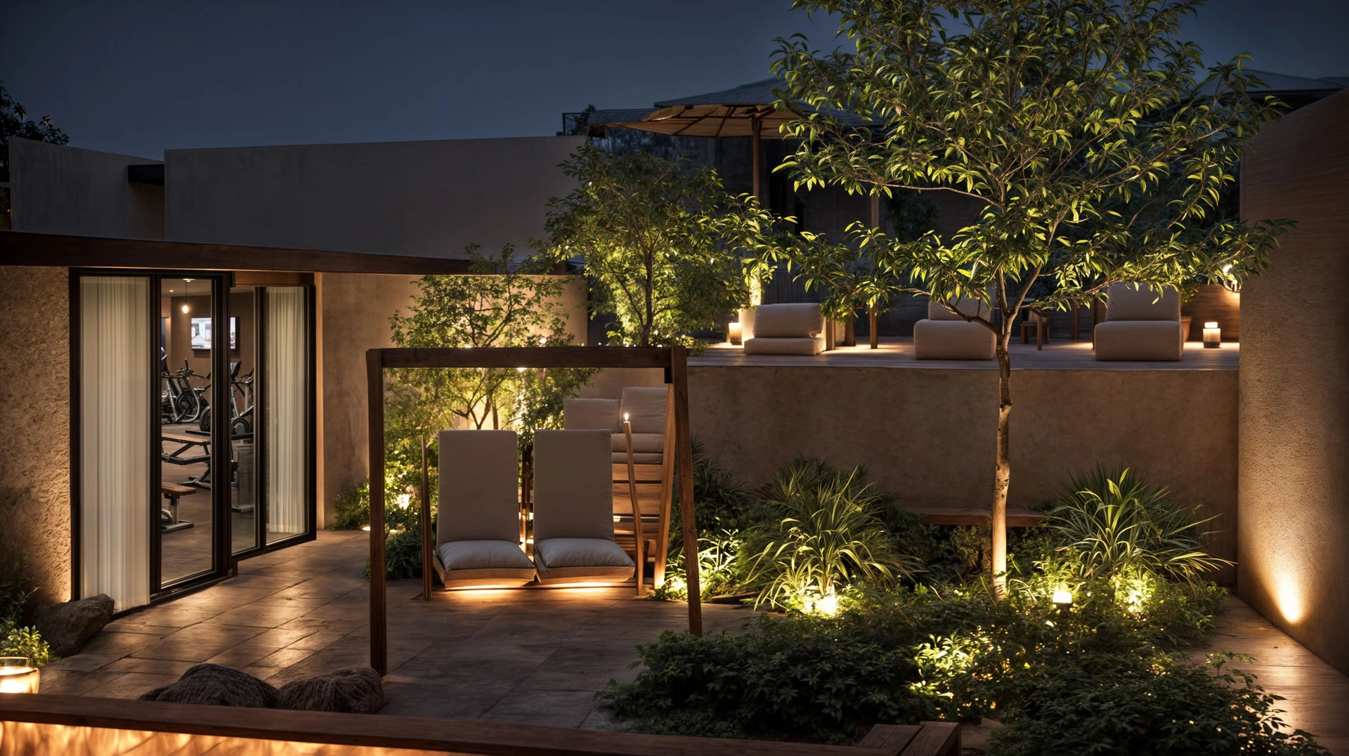 Patio ajardinado al anochecer: columpio bajo pérgola, árboles iluminados desde el piso y terraza con sillones