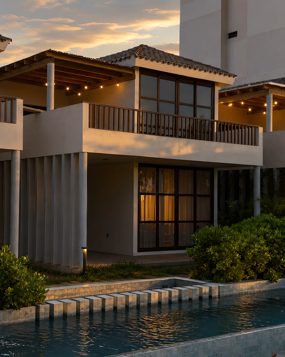 Villa de Mangata al atardecer, con su terraza bajo pérgola y alberca privada iluminadas
