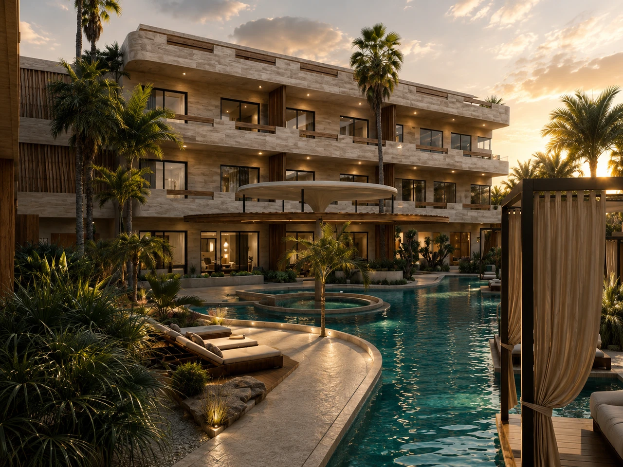 Fachada de Ananta Baja Living al atardecer, con la alberca alargada, las palmeras del patio y las camas de sombra a la orilla
