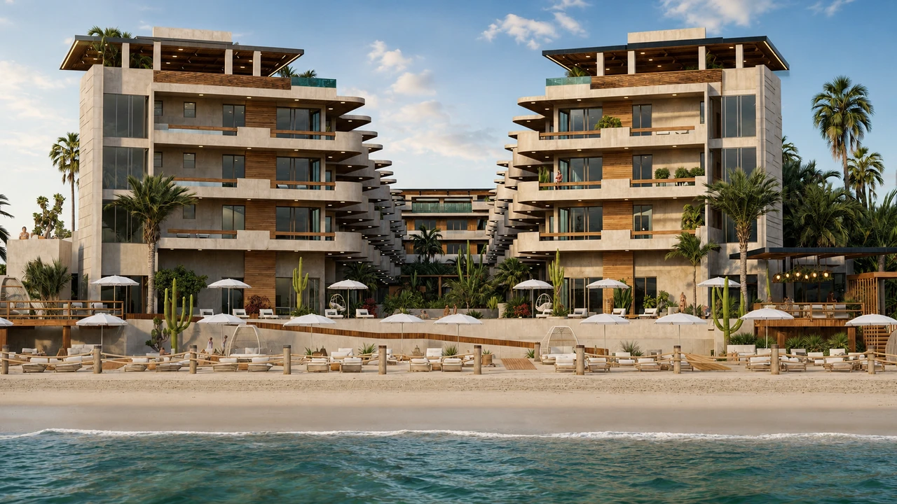 Dos edificios de Oasis Ananta abiertos a la playa, con terrazas escalonadas, camastros y sombrillas sobre la arena